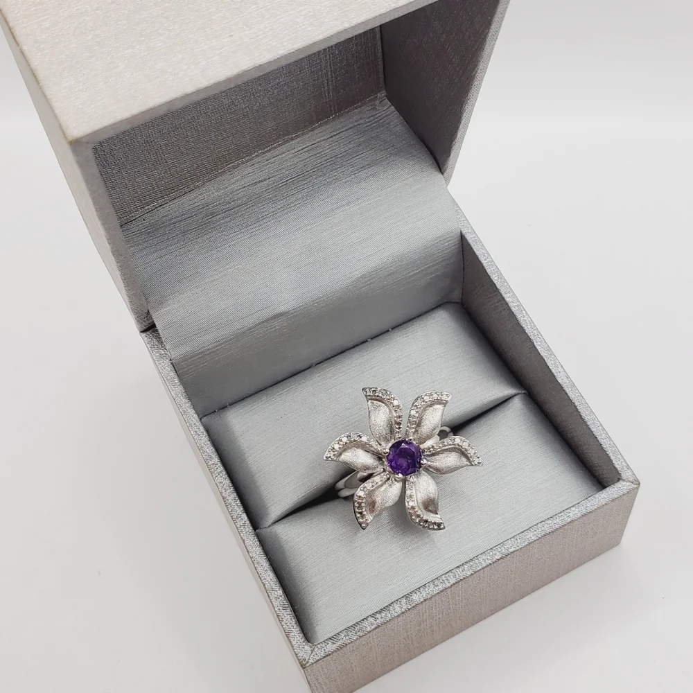 Genuine Amethyst & Diamond Accent 925 Silver Ring Flower Ring Statement Ring